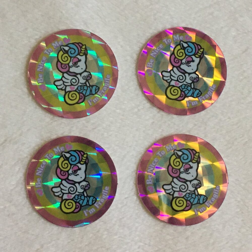 5/$25 Retro Four Fragile Unicorn Postage Holo Stickers